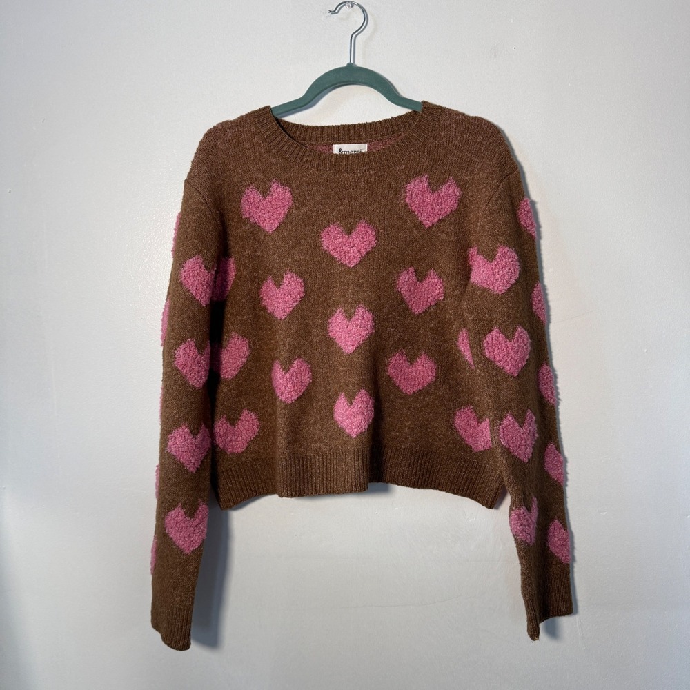 &merci Brown Pink Heart Pattern‎ Knit Crewneck Sweater womens Medium